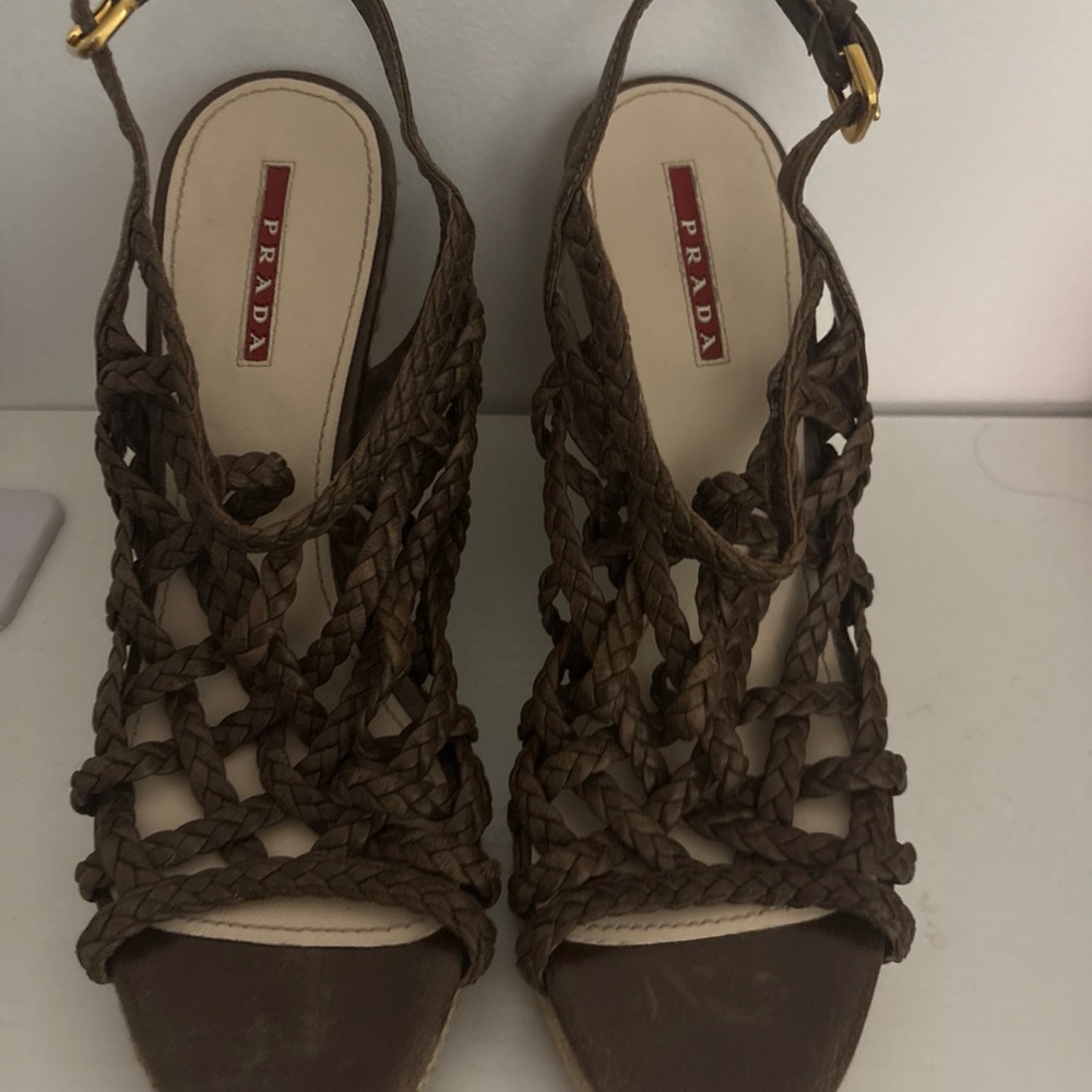 Prada Women's Brown Woven Wedges - Picture 2 of 12